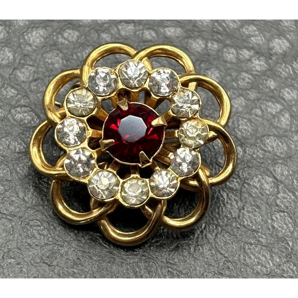 Vintage Filigree Flower Brooch Red Faux Ruby Rhinestone Gold Tone Clear Crystal